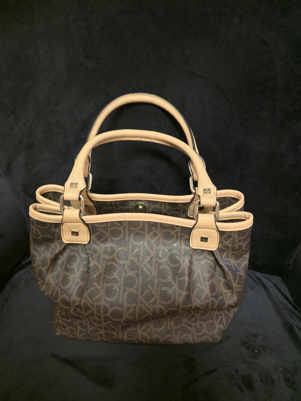 Calvin Klein Brown Logo Satchel with Tan Trim